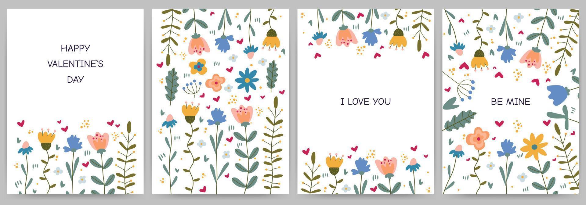 reeks van voorjaar kaarten gelukkig Valentijnsdag dag, uitnodigingen, verklaring van liefde. rechthoekig Sjablonen met bloemen, takken, harten en tekst. vector illustratie geïsoleerd Aan wit achtergrond.