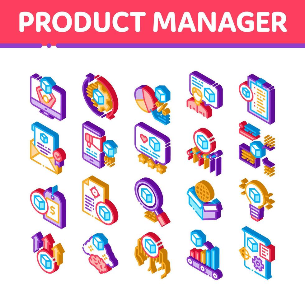 Product manager werk isometrische pictogrammen reeks vector