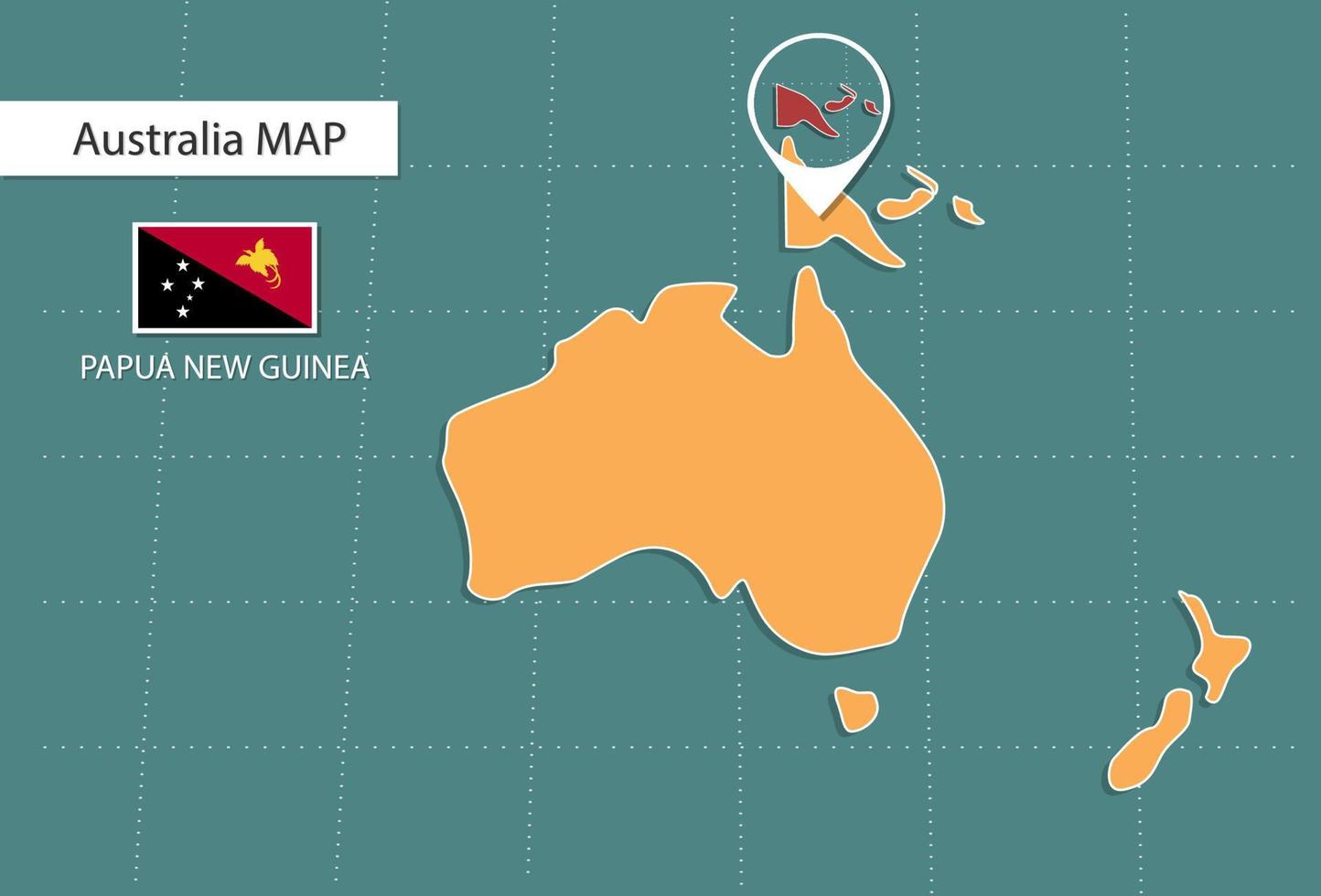 Papoea nieuw Guinea kaart in Australië zoom versie, pictogrammen tonen Papoea nieuw Guinea plaats en vlaggen. vector