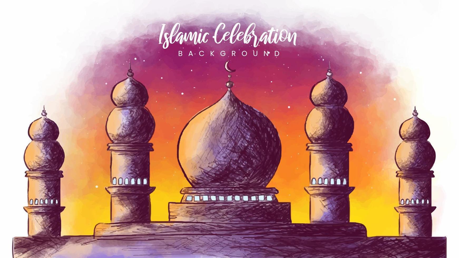 mooi moskee waterverf vector illustratie met een zonsondergang achtergrond. hand getekend Islamitisch viering achtergrond. Ramadan moskee schilderij