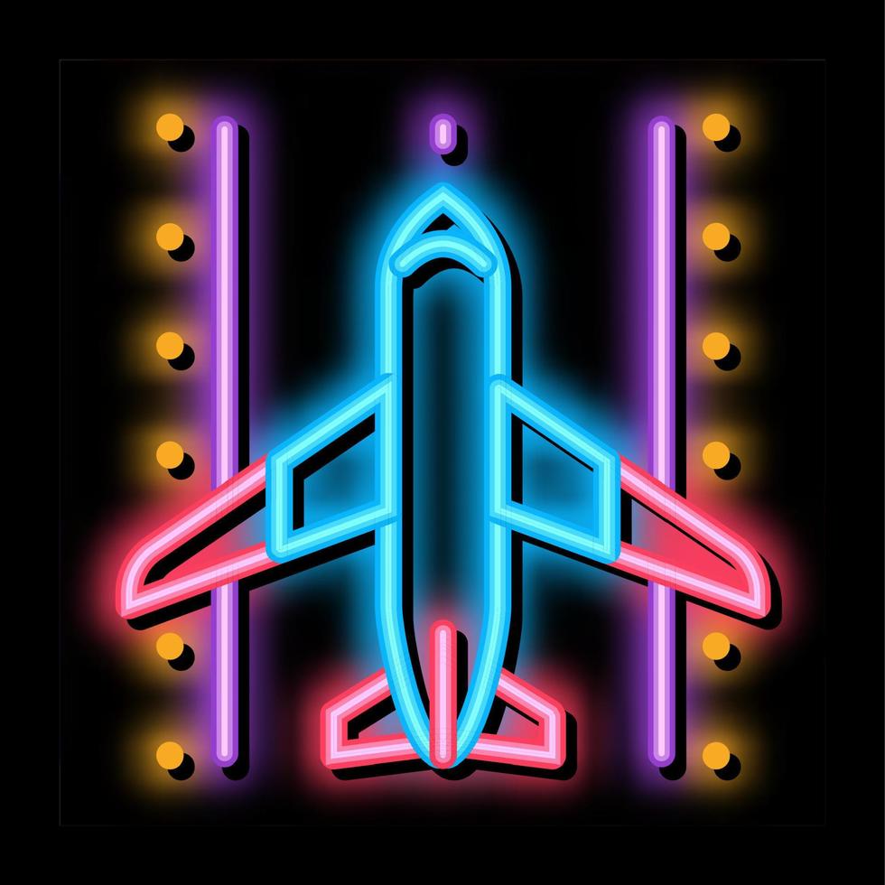 vliegtuig Aan landingsbaan luchthaven neon gloed icoon illustratie vector