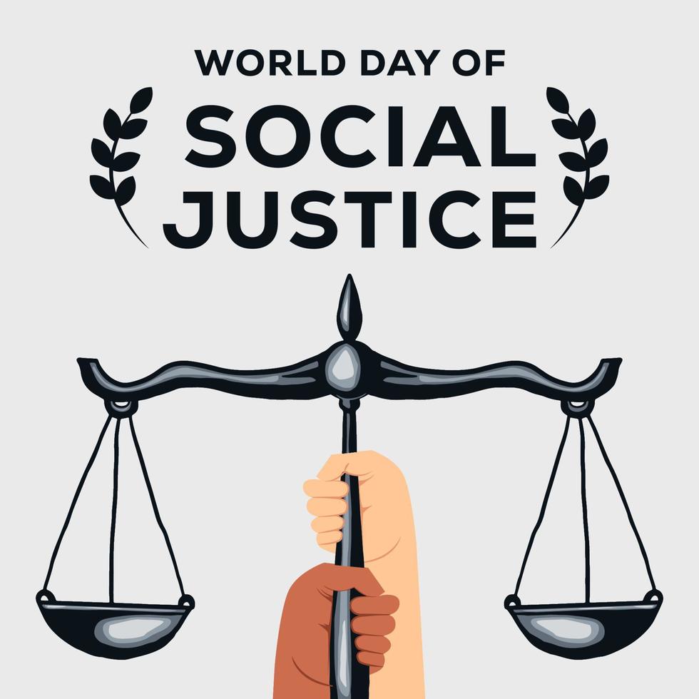 vlak ontwerp wereld dag van sociaal gerechtigheid met handen Holding balans gerechtigheid vector
