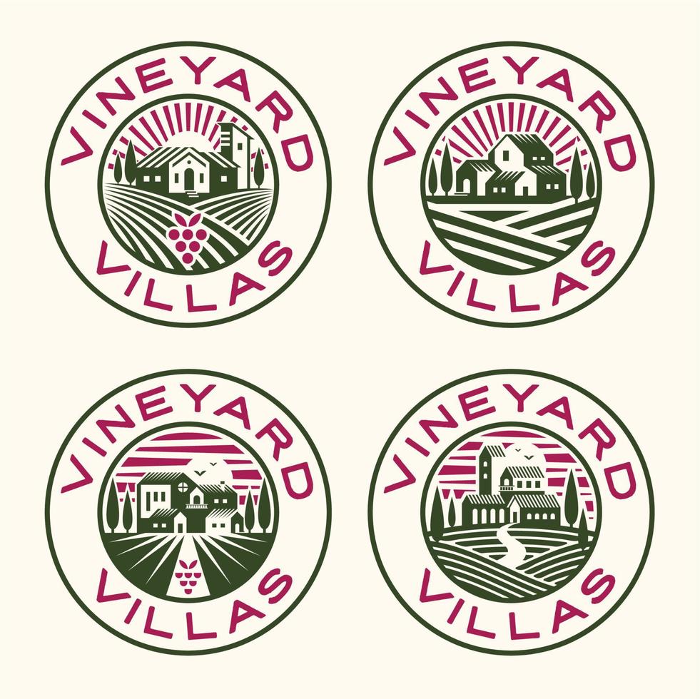 wijngaard landschap met huizen logo embleem. boerderij druif velden met huizen vector illustraties