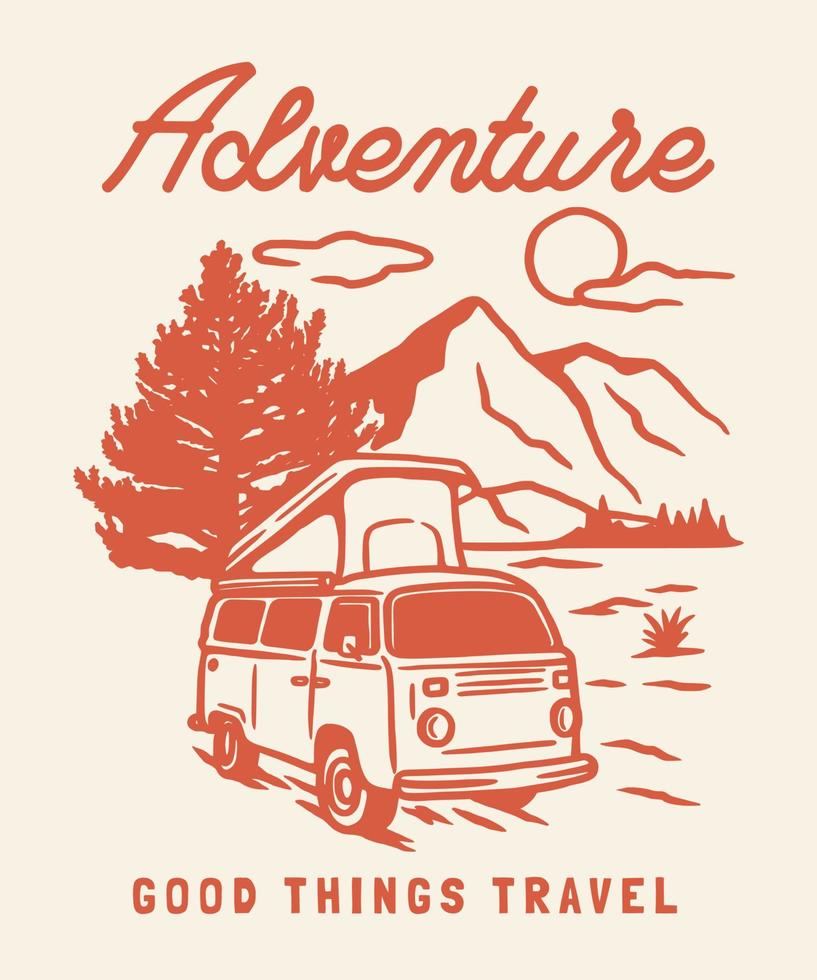 camper busje buitenshuis avontuur hand- getrokken lijn avontuur illustratie logo insigne vector