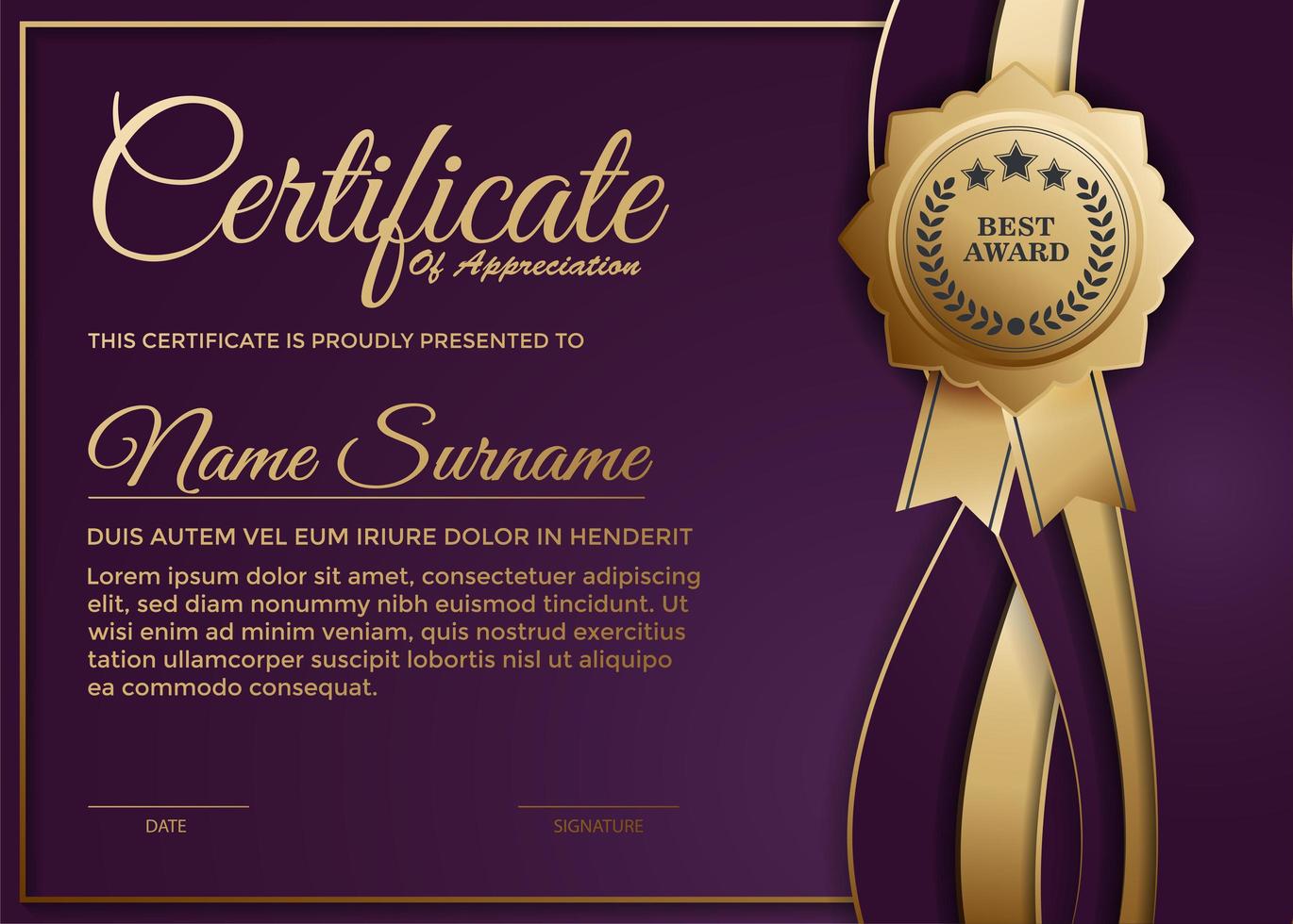 elegante paarse certificaatsjabloon award vector