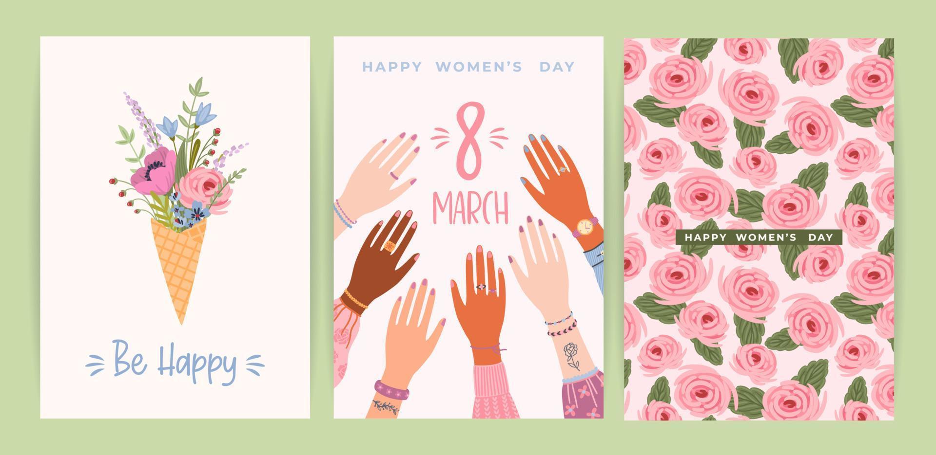 kaarten met schattig vrouw illustraties. vector reeks voor gelukkig vrouwen dag, 8 maart en andere gebruiken.