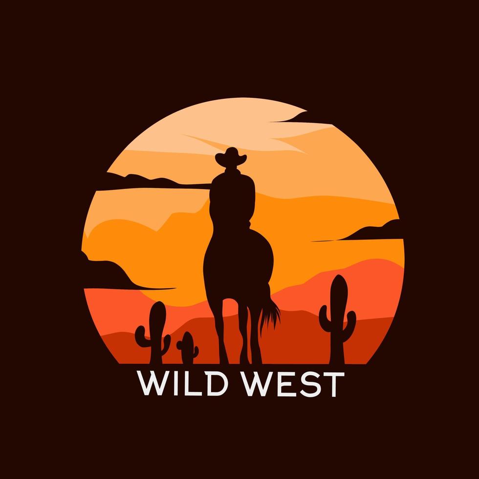 illustratie vector van wild westen, cowboy rijden paard silhouet, zonsondergang landschap, perfect voor afdrukken, spandoek, affiche