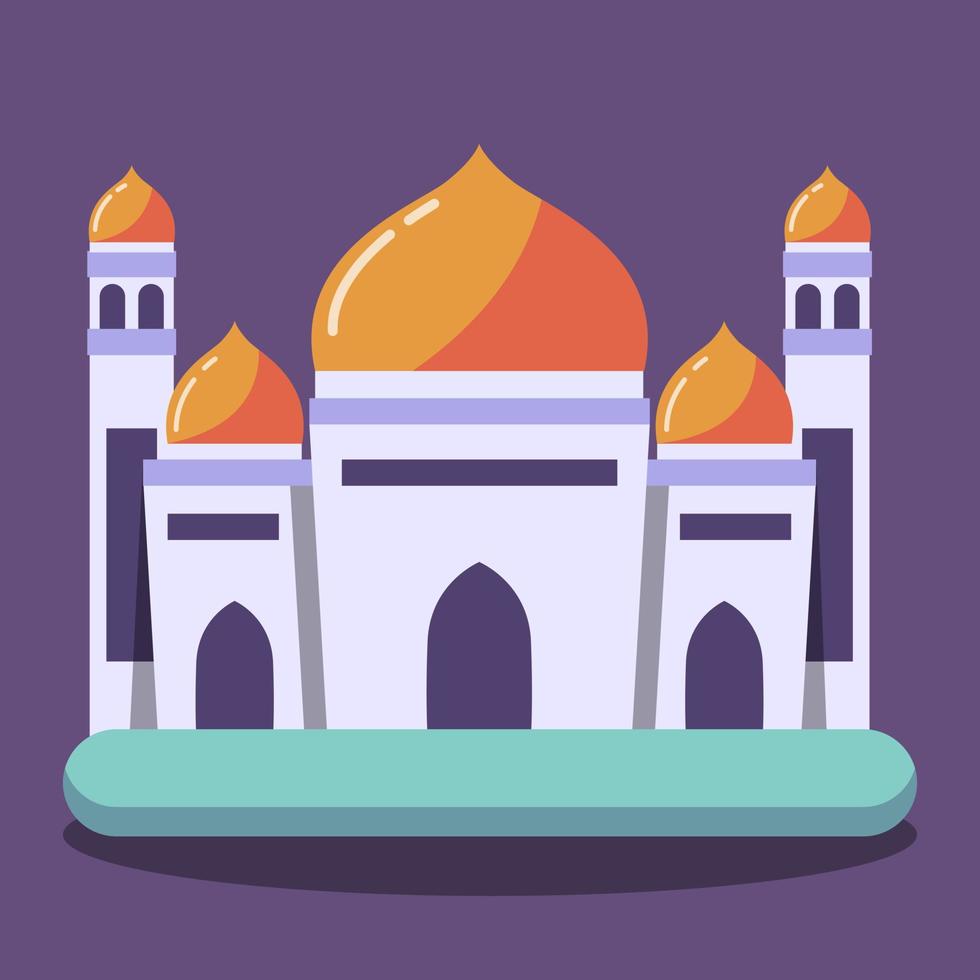 vector vlak moslim moskee Aan donker blauw achtergrond. vlak met schaduw bouwkundig voorwerp. vector tekenfilm ontwerp. mooi moslim altaar icoon illustratie. oostelijk cultureel mijlpaal.