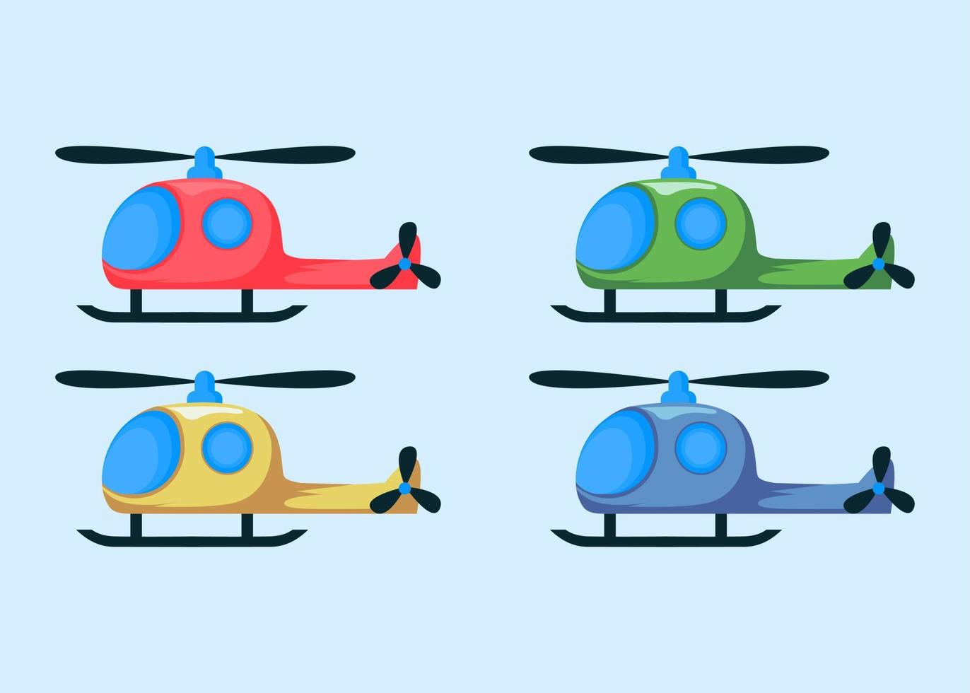 een reeks van vector illustraties van tekenfilm helikopter lucht voertuigen in verschillend kleuren