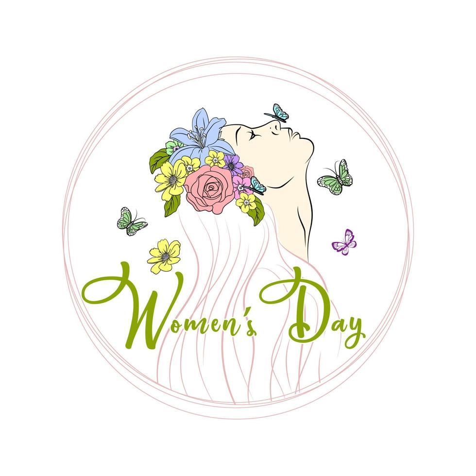 gelukkig vrouwen dag. mooi silhouet van een vrouw met vlinders en bloem ornament. vector illustratie