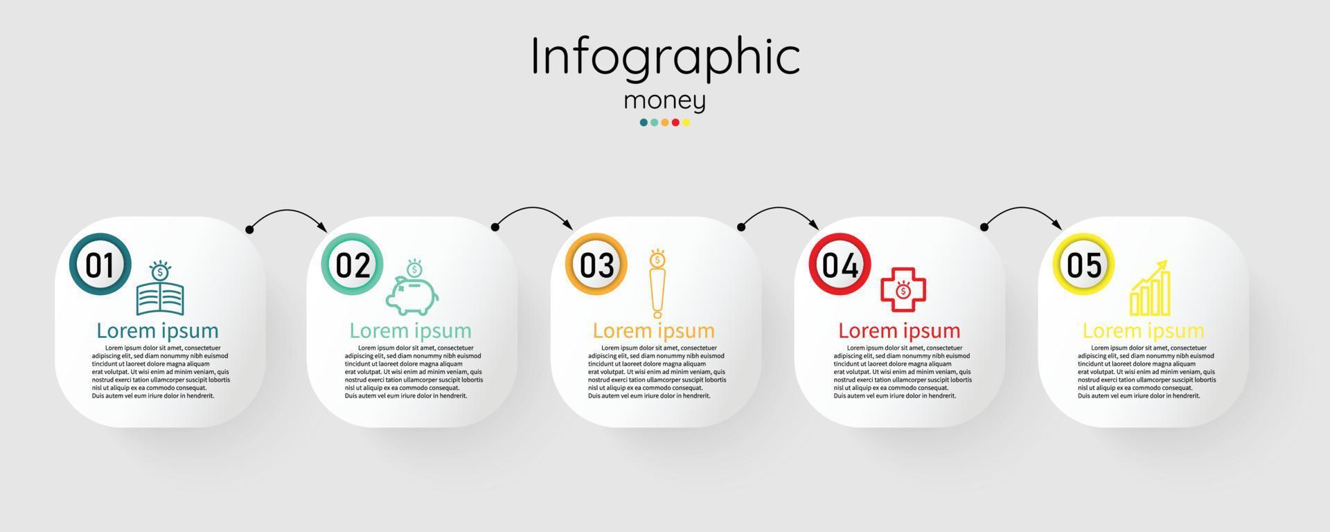 geld infographic sjabloon voor planning bedrijf informatie presentatie. vector plein en meetkundig elementen. modern workflow diagrammen. verslag doen van plan 5 topics