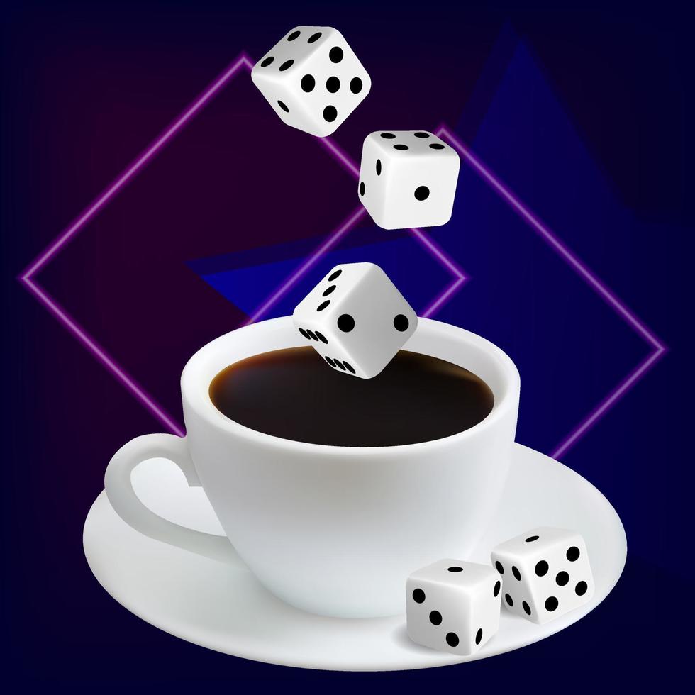 online casino. banier voor de plaats met een kop van koffie, kubussen. het gokken concept. vector beeld