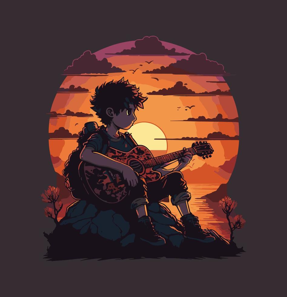 silhouet van een kind met een gitaar spelen vector