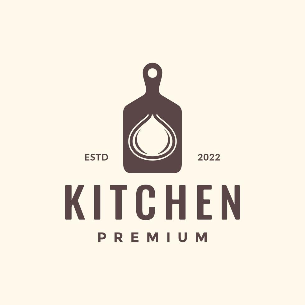 snijdend bord keuken uien recept smaak hipster logo ontwerp vector icoon illustratie sjabloon