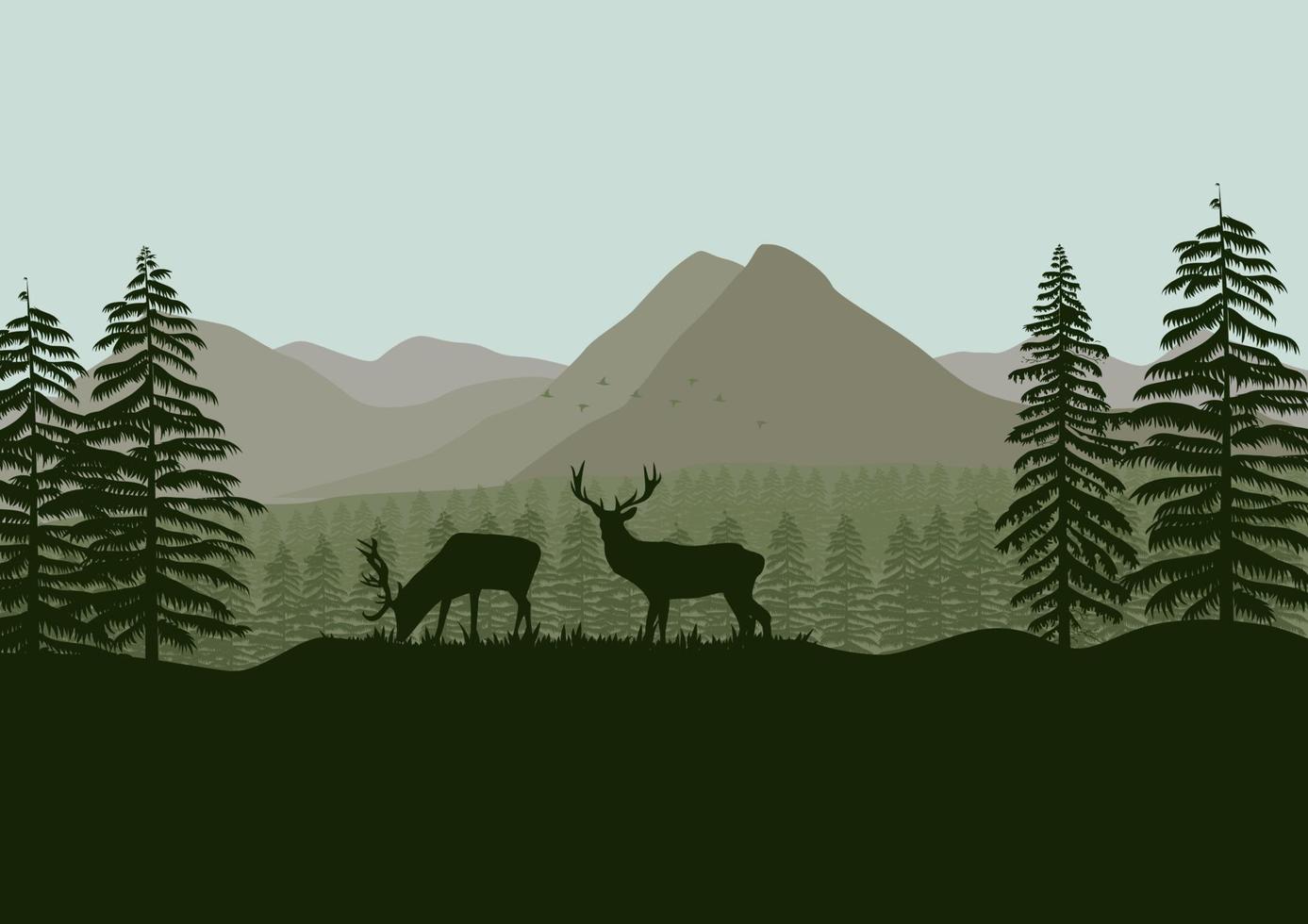 hert silhouet in de Woud met bergen. vector illustratie