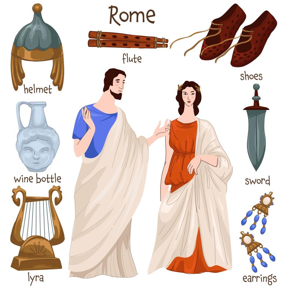 oude Rome mensen en kleren, oud meubilair vector