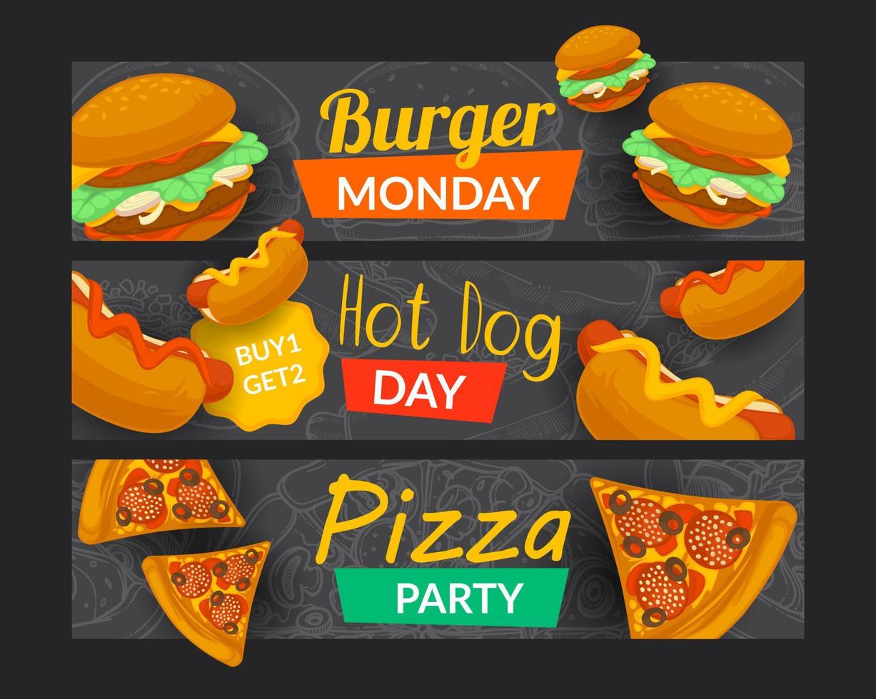 diner banier set, hamburger dag, heet hond, pizza partij vector