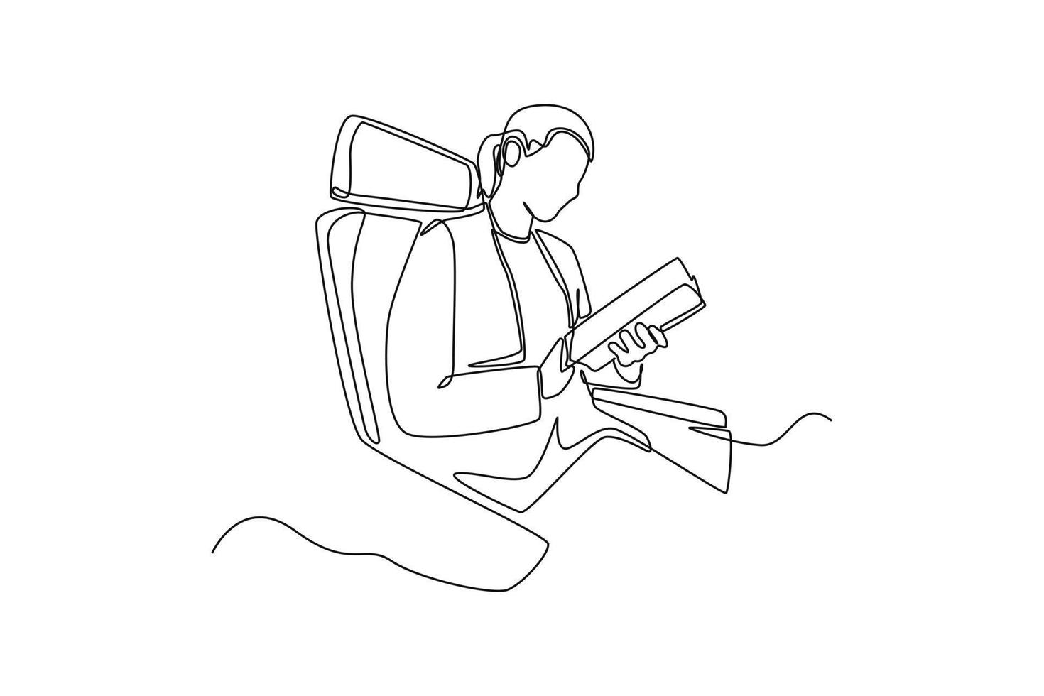 single een lijn tekening gelukkig vrouw Aan stoelen op reis door vliegtuigen. lucht vervoer concept. doorlopend lijn trek ontwerp grafisch vector illustratie.
