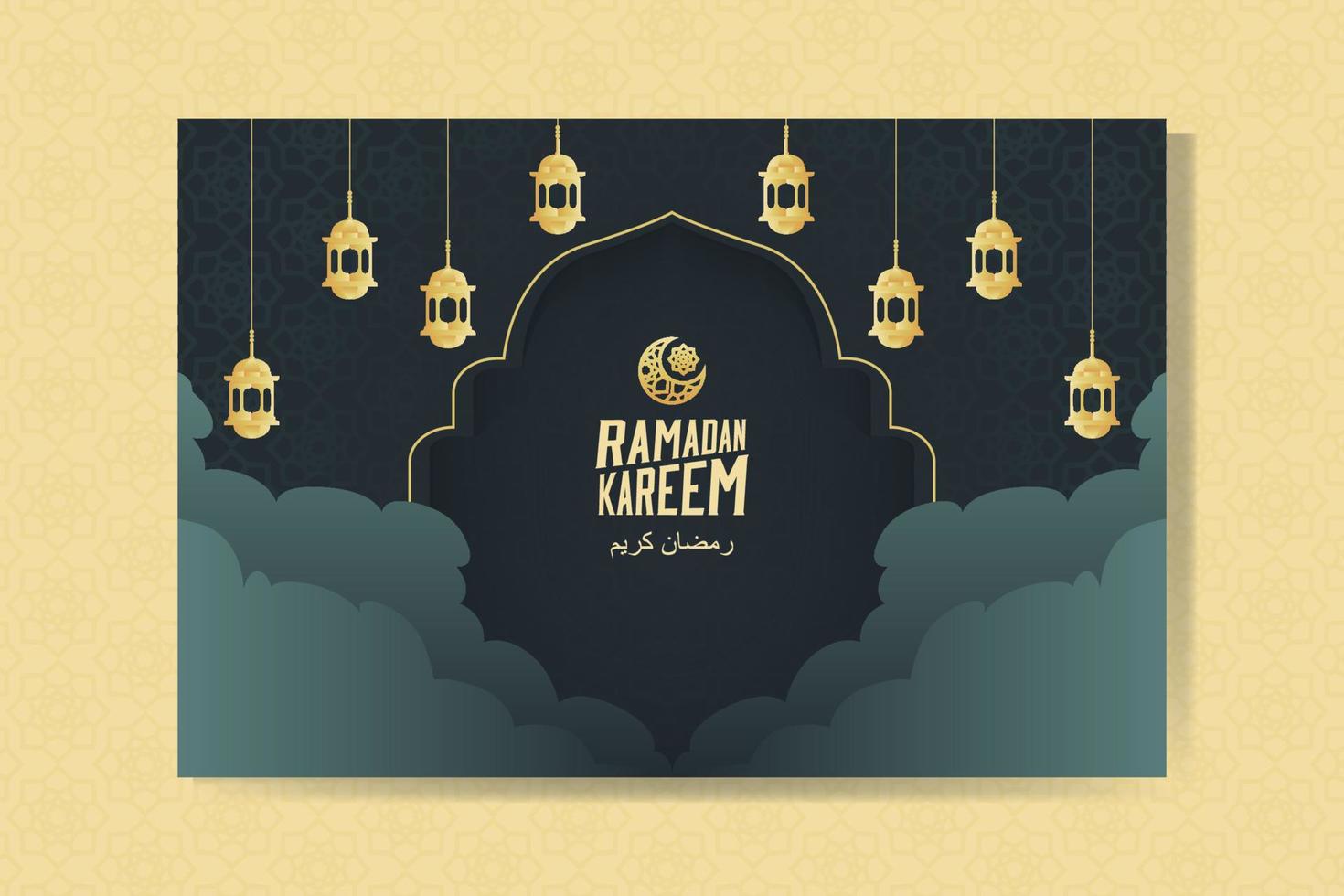 Ramadan kareem groet kaart met lantaarns, maan en wolk. Ramadan mubarak. achtergrond vector illustratie.