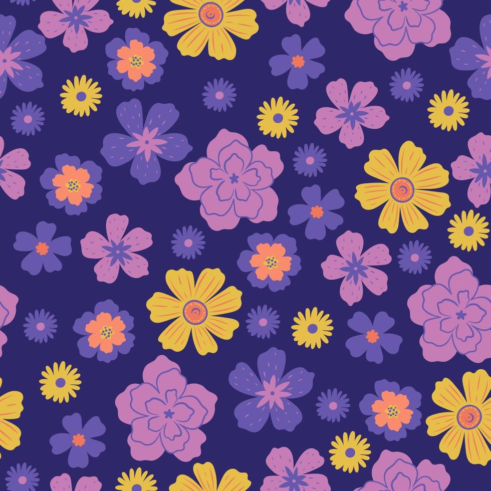 naadloos patroon met divers bloemen Aan een donker blauw achtergrond. vector grafiek.
