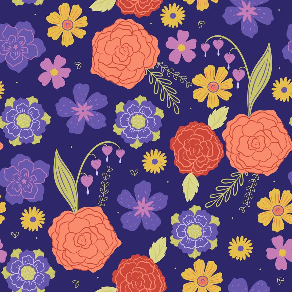 naadloos patroon met divers bloemen Aan een donker blauw achtergrond. vector grafiek.