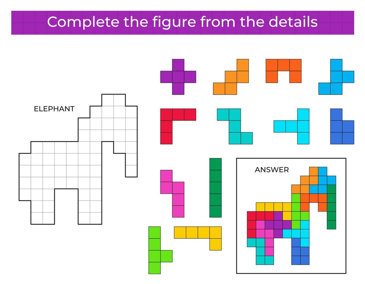 puzzel spel met olifant. kleurrijk details voor kinderen. compleet figuur. onderwijs spel voor kinderen, peuter- werkblad werkzaamheid. puzzel spel. vector illustratie.