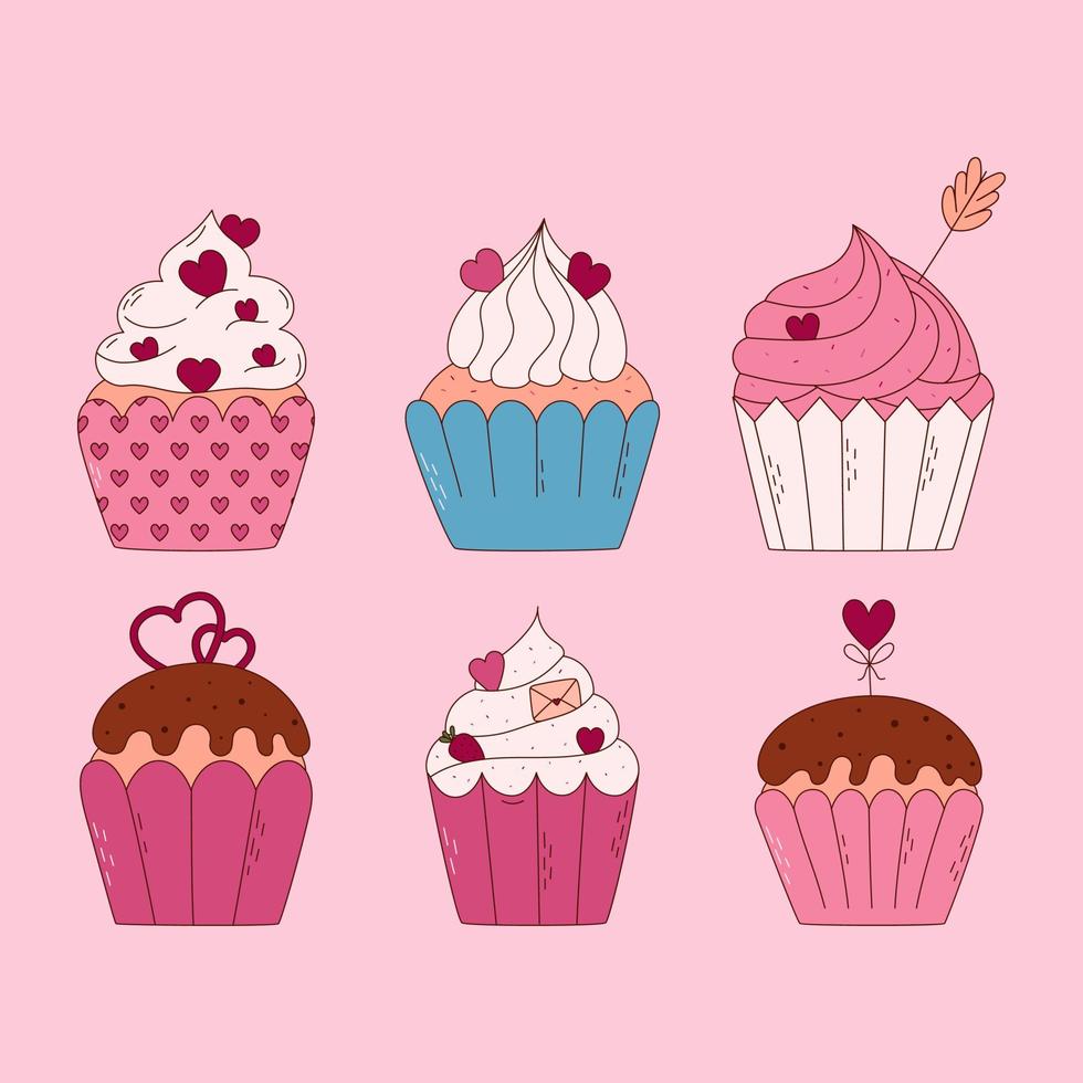 hand- getrokken reeks van cupcakes voor Valentijn dag. ontwerp elementen voor affiches, groet kaarten, banners en uitnodigingen. vector