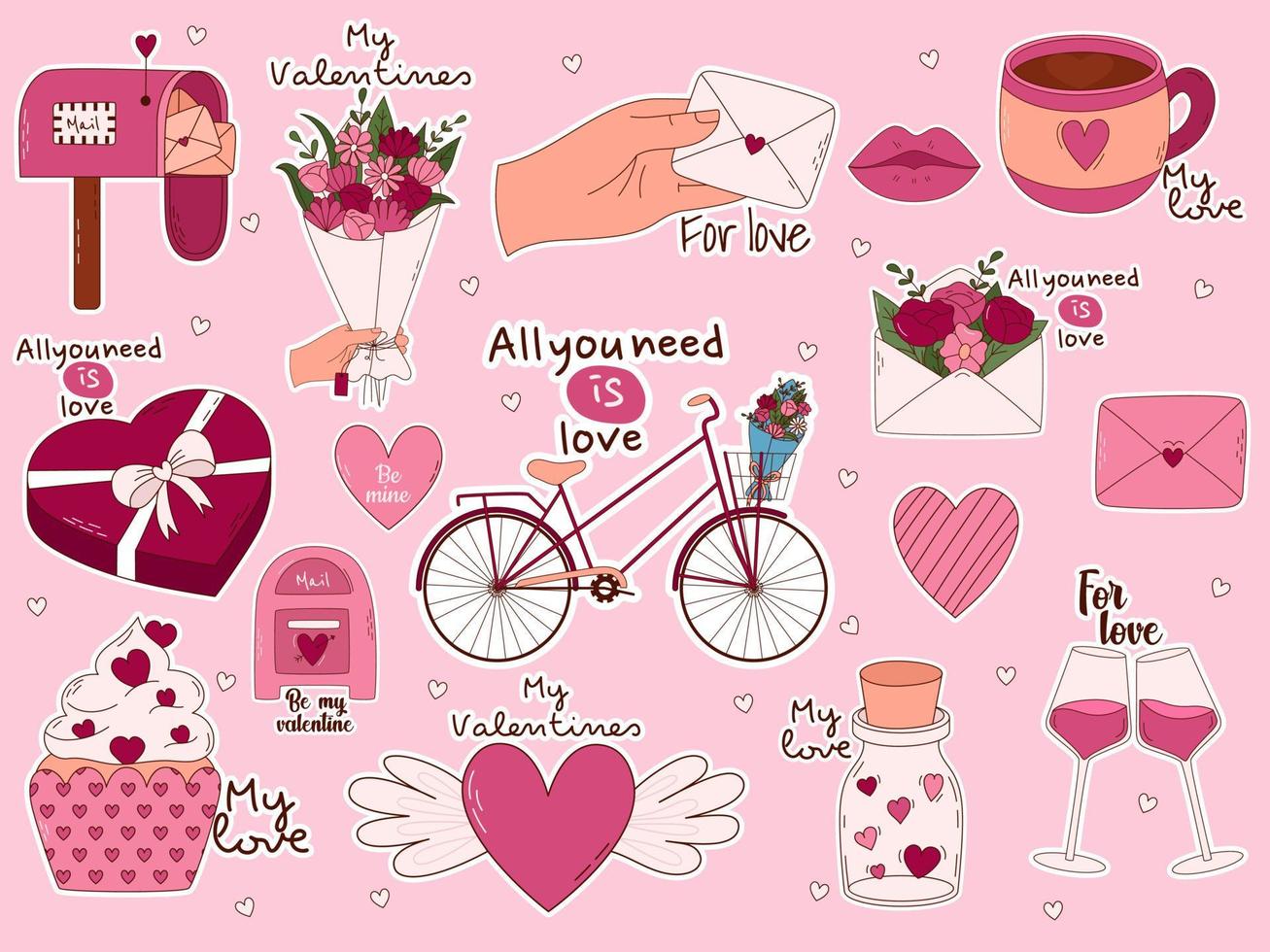 Valentijnsdag dag hand- getrokken elementen voor affiches, groet kaarten, banners en uitnodigingen. groot sticker reeks van hart, snoepgoed, koffie, koekje, sleutel, snoep, brief, diamant, bloem, gif vector