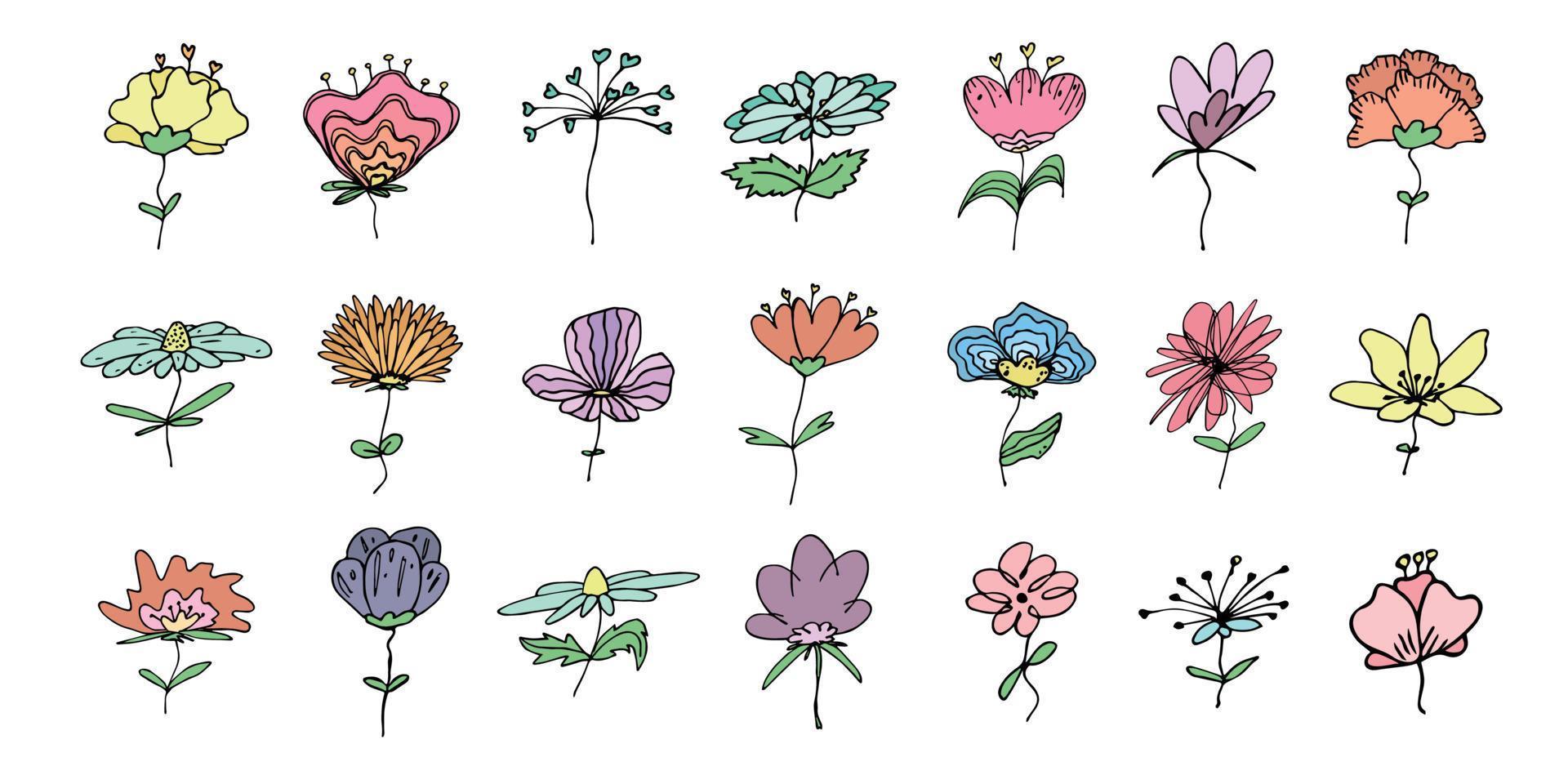 gemakkelijk bloem clip art. reeks van hand- getrokken bloemen tekening. voor afdrukken, web, ontwerp, decor, logo vector