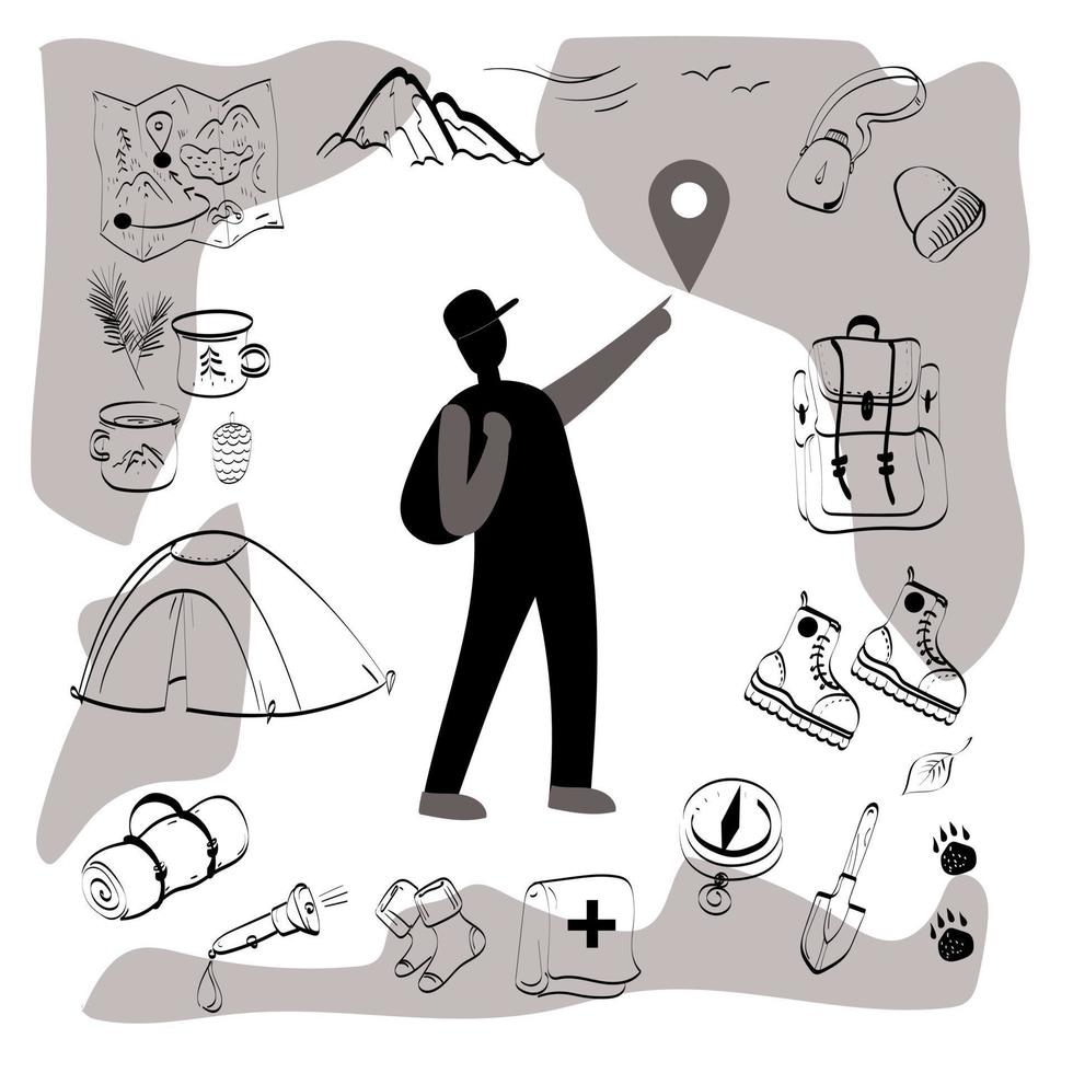 camping en wandelen hand- getrokken doodles set. geschetst vector illustratie