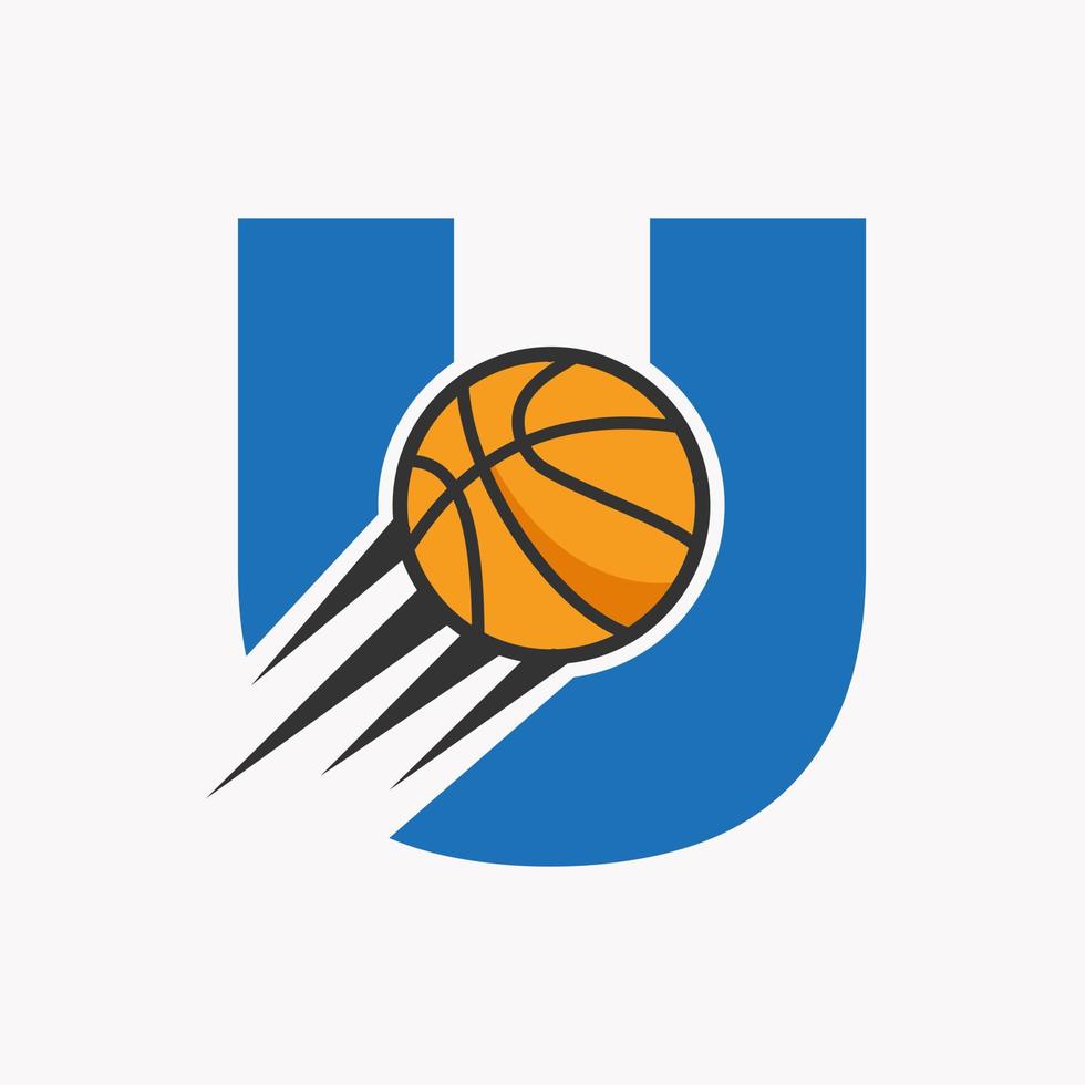 eerste brief u basketbal logo concept met in beweging basketbal icoon. mand bal logotype symbool vector sjabloon