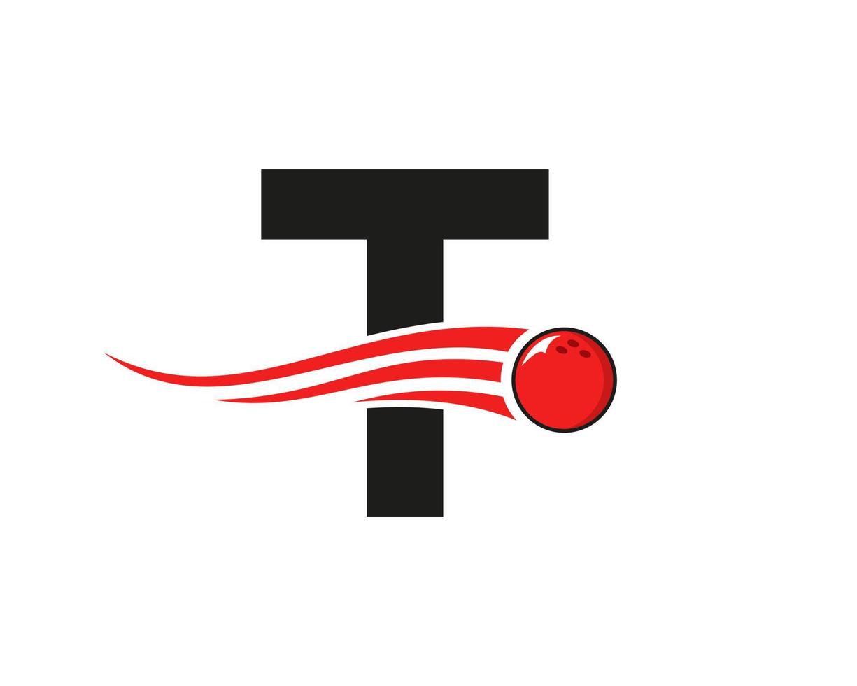 brief t bowling logo. bowling bal symbool met rood in beweging bal vector sjabloon