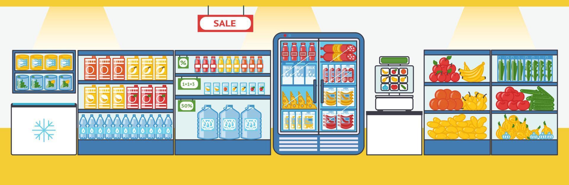 supermarkt met producten. schappen en koelkasten met voedsel spullen. vector illustratie