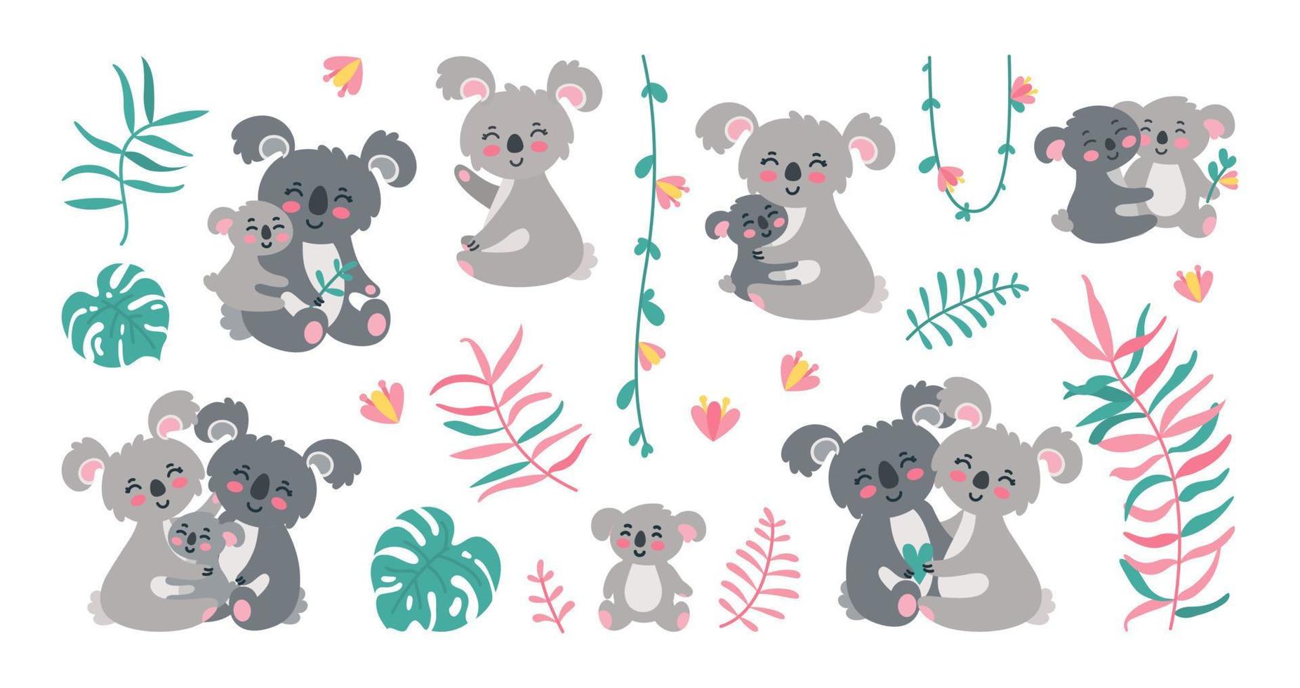 koala familie in oerwouden. koala ouders met baby's in bladeren, lianen en bloemen. vector illustratie