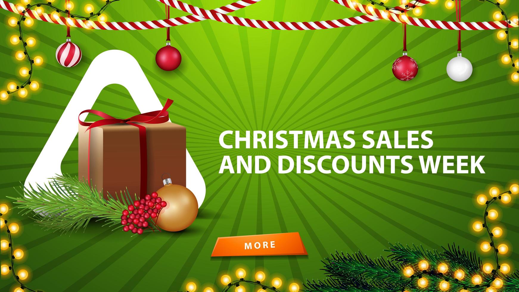 kerstverkoop en kortingsweek, groene horizontale banner voor website met kerstdecor, cadeau en kerstboomtak vector