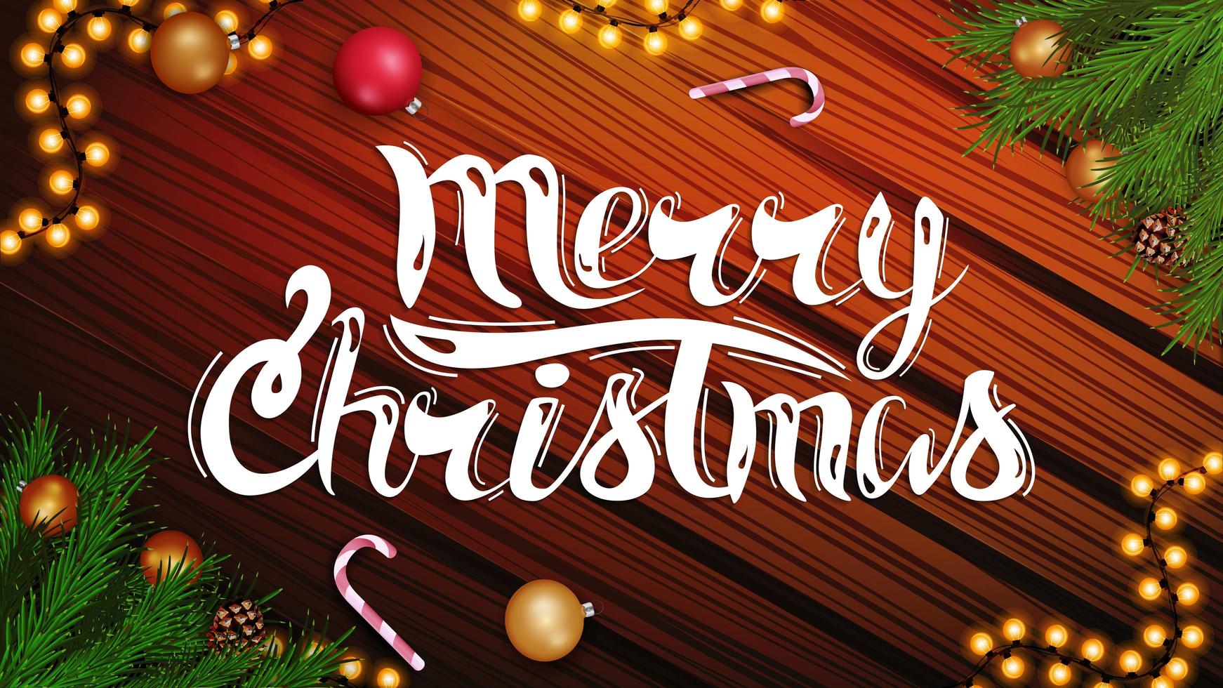 vrolijk kerstfeest, mooie ansichtkaart met belettering, slinger, kerstboomtak en snoepgoed op houten achtergrond vector