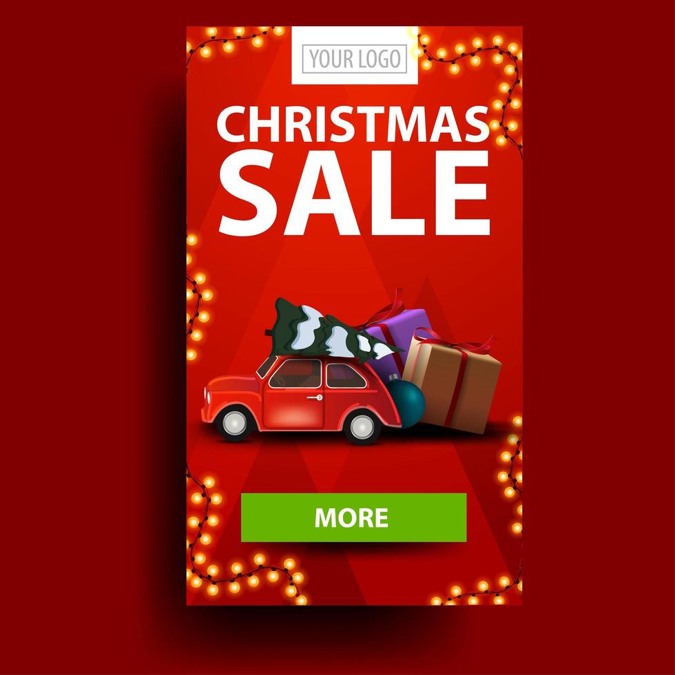 kerstuitverkoop, verticale moderne kortingsbon met groene knop, plaats voor uw logo en rode vintage auto met kerstboom vector