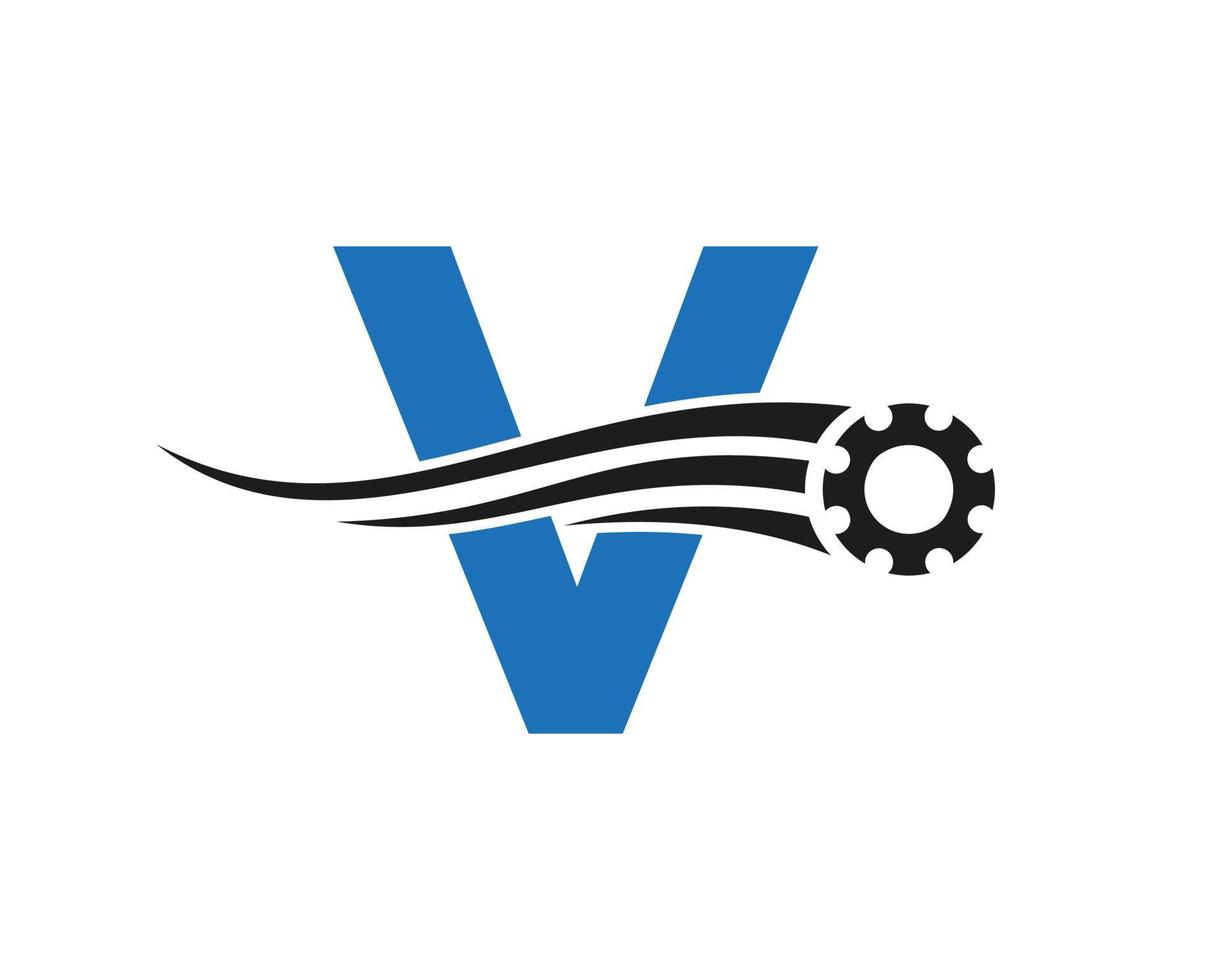 brief v uitrusting tandrad logo. automotive industrieel icoon, uitrusting logo, auto reparatie symbool vector