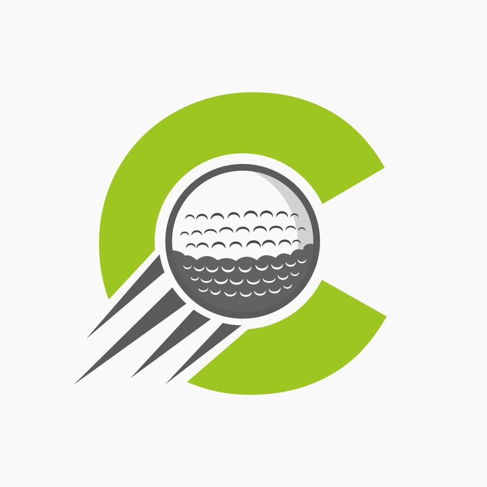 brief c golf logo concept met in beweging golf bal icoon. hockey sport- logotype symbool vector sjabloon