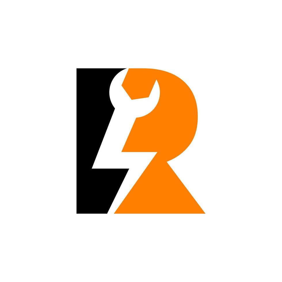 eerste brief r reparatie moersleutel en volt macht logo ontwerp voor reparatie, elektrisch teken vector sjabloon