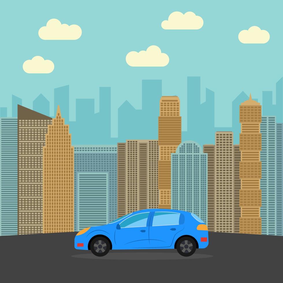 blauw sport- auto in de stad. auto- Aan een achtergrond van wolkenkrabbers Aan een zonnig dag. vector illustratie.