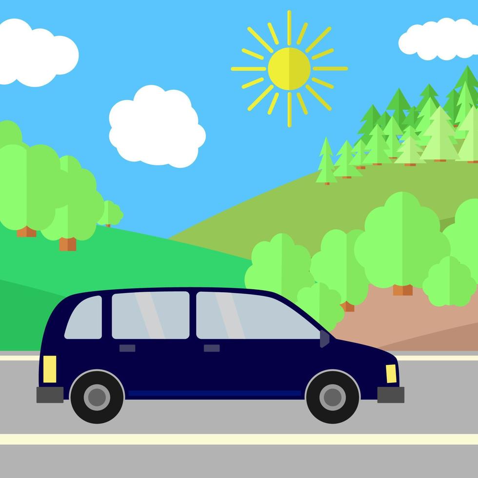 donker blauw sport nut voertuig Aan een weg Aan een zonnig dag. zomer reizen illustratie. auto over- landschap. vector