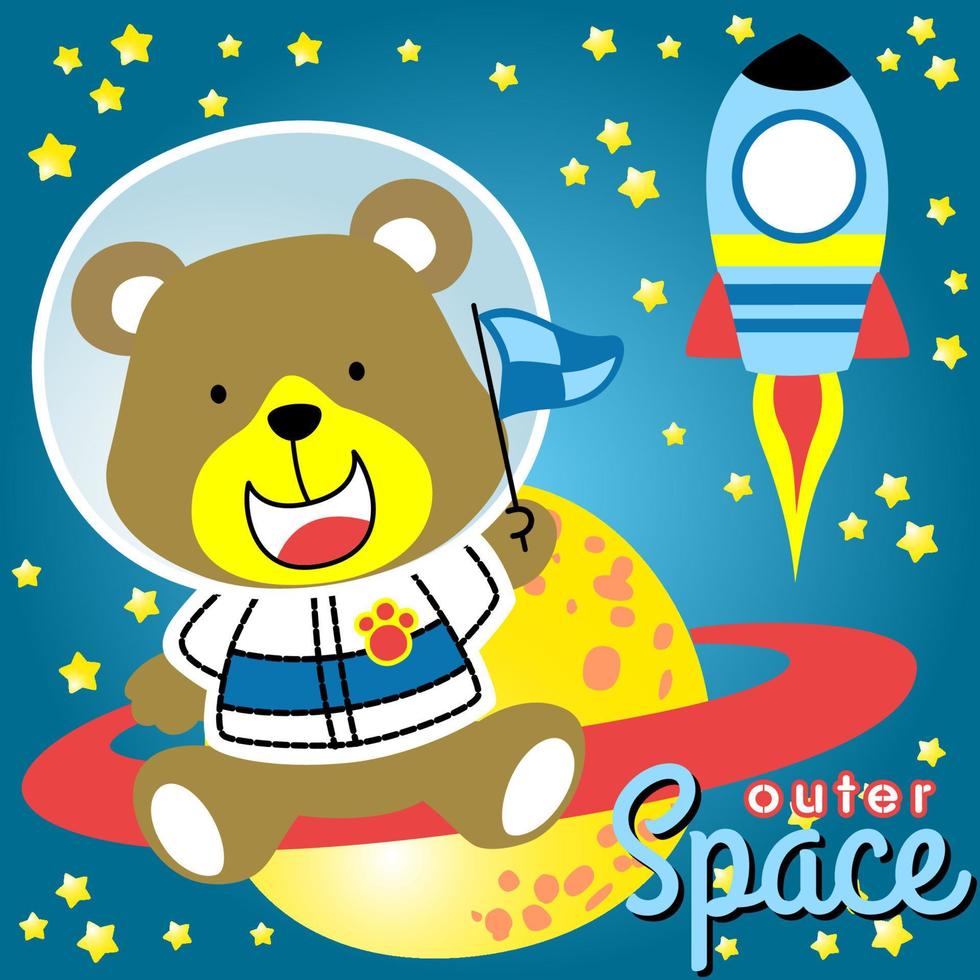 schattig bears in astronaut kostuum zittend Aan Saturnus planeet met een raket vliegend in ruimte. vector tekenfilm illustratie