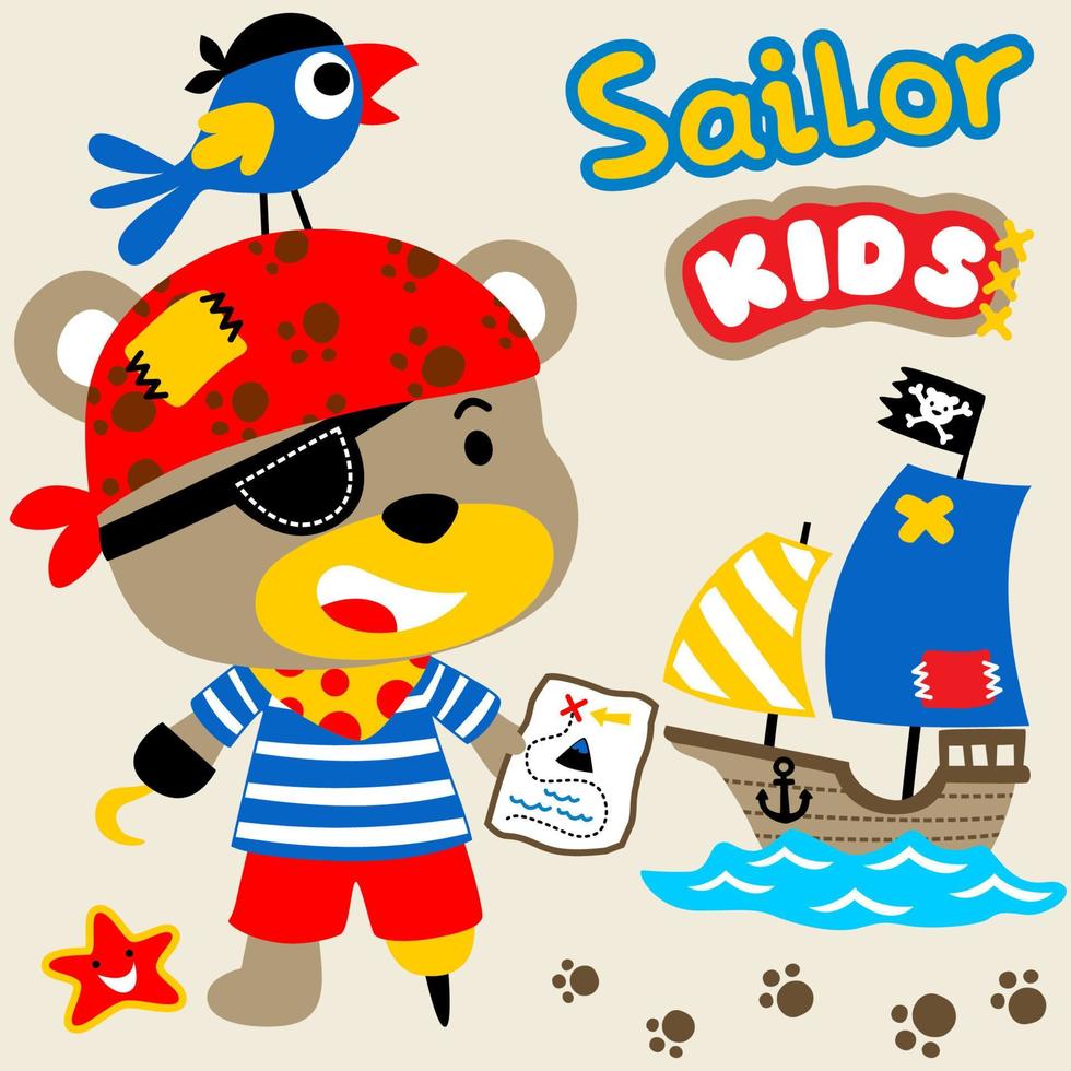 schattig beer en papegaai in piraat kostuum met zeilboot, piraat het zeilen elementen, vector tekenfilm illustratie