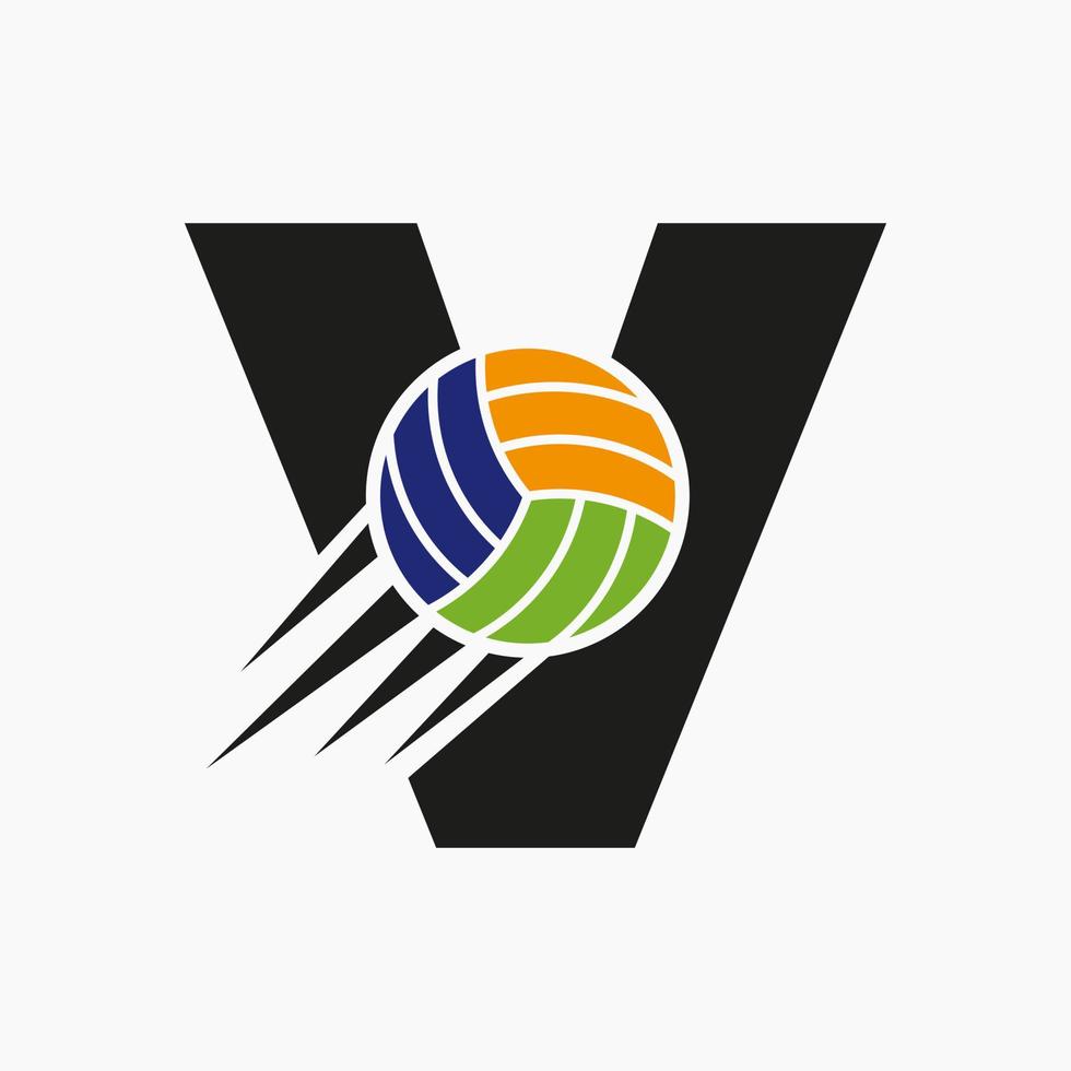 eerste brief v volleybal logo concept met in beweging volley bal icoon. volleybal sport- logotype symbool vector sjabloon