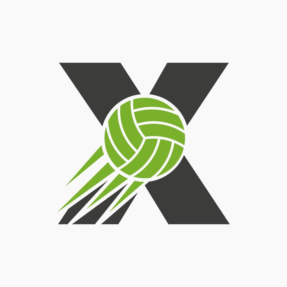 eerste brief X volleybal logo concept met in beweging volley bal icoon. volleybal sport- logotype symbool vector sjabloon