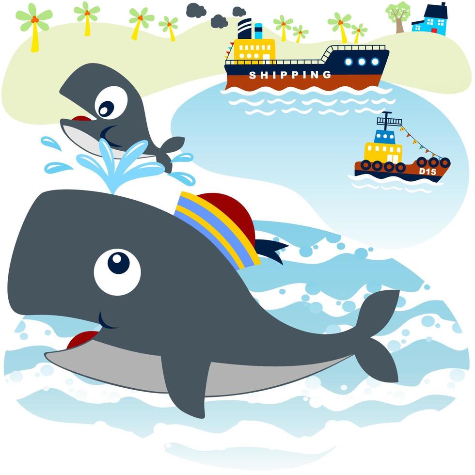 groot walvis met het welp, lading schip in de zee Aan eiland achtergrond, vector tekenfilm illustratie