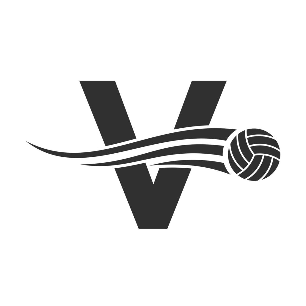 eerste brief v volleybal logo concept met in beweging volley bal icoon. volleybal sport- logotype symbool vector sjabloon