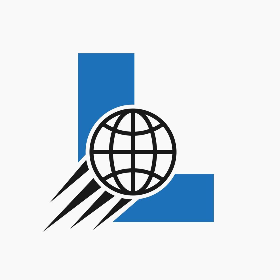 brief l globaal logo concept met in beweging wereld icoon. globaal logotype symbool vector sjabloon