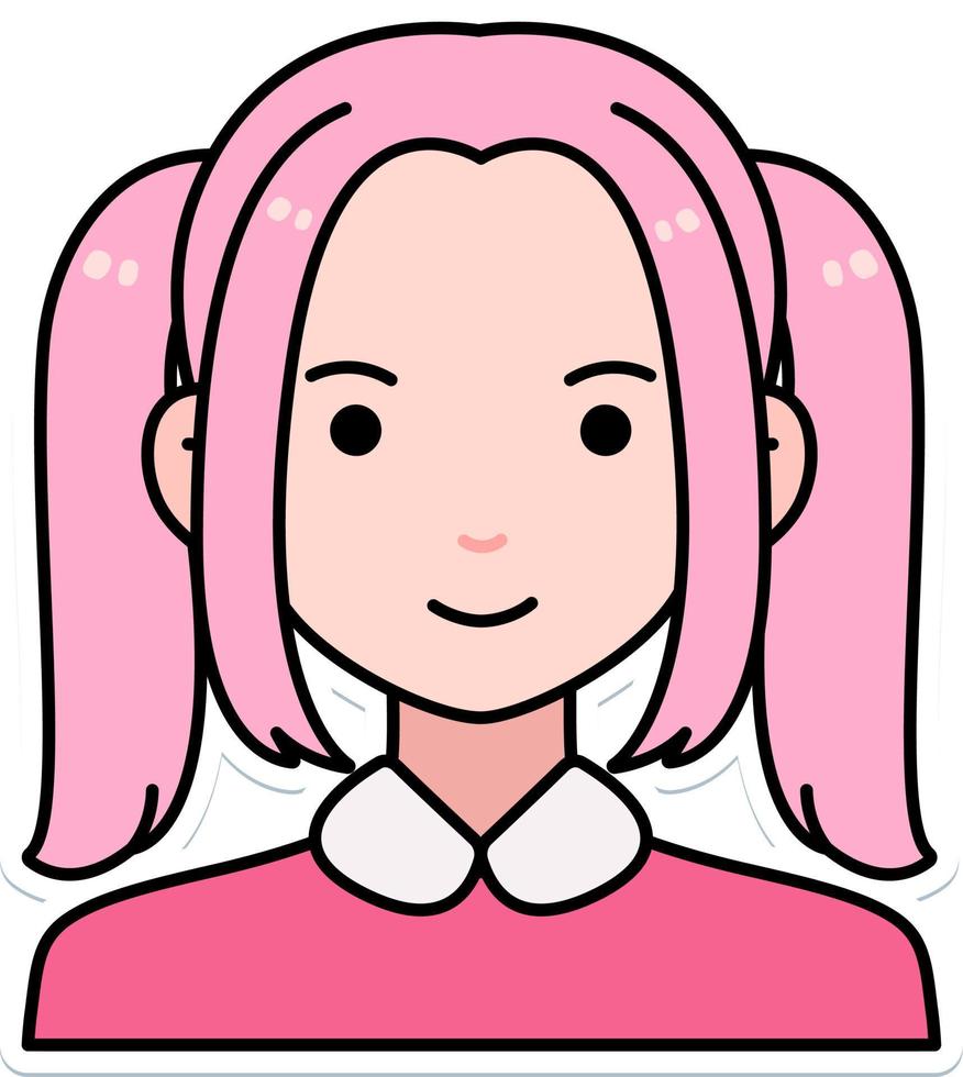avatar gebruiker vrouw meisje persoon mensen roze dubbele paardenstaart schets gekleurde sticker retro stijl vector